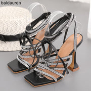 Balduaren New Women Sandals Rhinestones Fashion Ankle Strap Square Toe Thick High-heeled Sandals Size 42 Diamond Party Shoes
