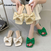 Bow-Knot Square Toe Flats Slippers Women Outdoor Casual Slides 2022 New Trend Summer Sandals Women Green Yellow Dress Shoes