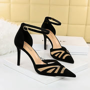 New Thin High Heels Women Elegant Casual Suede Mesh Dress Shoes Pumps Pointed Metal Belt Buckle Fashion Spring Summer Autumn