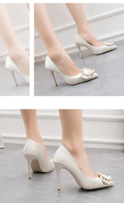 Four Seasons Fine High Heels Women Elegant 10cm Pointed Toe Shiny Rhinestone Pearl Slip-on Wedding Bridesmaid Shoes Party Daily