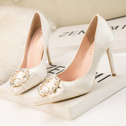 Four Seasons Fine High Heels Women Elegant 10cm Pointed Toe Shiny Rhinestone Pearl Slip-on Wedding Bridesmaid Shoes Party Daily