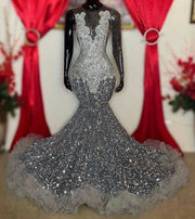 Luxury Silver Prom Dresses: Sheer Neck One Shoulder Rhinestone Sequin Mermaid Gown