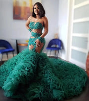 Green Prom Dresses 2023 Applique Beading Mermaid Party Dress Ling Sleeve Evening Gown