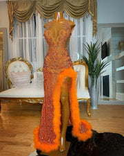 Orange Sequin Prom Dresses 2023 Sparkly Rhinestone Split Feather Evening Dress Sheer Neck