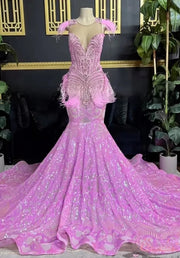 Sequin Beading Feather Evening Mermaid Gown