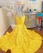 Luxury Yellow Prom Dresses 2023 Rhinestone Beading Sequin Mermaid Evening Gown