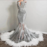 Silver Feathered Prom Dress 2023