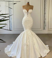 Sexy Wedding Dresses Mermaid Sweetheart Satin Tulle Crystal Beaded Luxury Formal Real Bride Dress Custom Made DE44