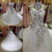 Real Sample Vestido De Noiva Ball Gown Sweetheart Tulle Lace Crystal Beaded Elegant Wedding Dresses Long Train KA04M