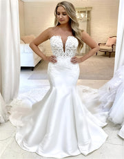 Sexy Wedding Dresses Mermaid Straplss Satin Lace Appliques Crystal Luxury Elegant Formal Bride Dress Custom Made DE41