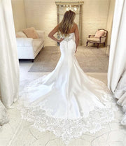 Sexy Wedding Dresses Mermaid Strapless Satin Lace Appliques Crystal Luxury Elegant Formal Bride Dress Custom Made DE41