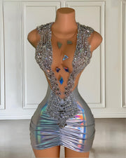 Luxury Sheer Neck Rhinestone Sequin Party Dress