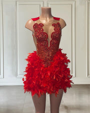 Red Rhinestone Birthday Party Dress For Women Luxury 2023 Scoop Neck Short Feathers Prom Gowns  Cocktail Wear