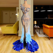 Sexy Mermaid Evening Gowns 2023 New Fashion Blue Feathers Long Prom Dress High Split Side Women Party Dresses For Wedding