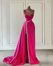 Sexy High Split Fuchsia Evening Dresses One Shoulder Beading Crystal A Line Prom Dress Elegant Formal Occasion Women Party Gowns