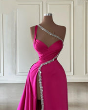 Sexy High Split Fuchsia Evening Dresses One Shoulder Beading Crystal A Line Prom Dress Elegant Formal Occasion Women Party Gowns