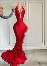 Sexy Red Prom Dresses For Women 2023 Feathers Halter Backless Mermaid Party Gowns Split Evening Dress Vestidos De Graduación