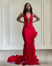 Sexy Red Prom Dresses For Women 2023 Feathers Halter Backless Mermaid Party Gowns Split Evening Dress Vestidos De Graduación