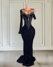 Formal Sequin Black Mermaid Evening Dresses Long Sleeves Beading Elegant Prom Gowns Sheer Neck Party Dress For Women