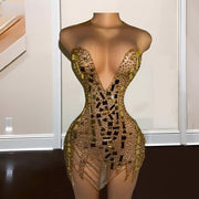 Luxury Gold Prom Dresses 2023 Sequin Rhinestone Sheer O-Neck Beading Short Birthday Party Gowns Zipper Back Vestidos De Cóctel