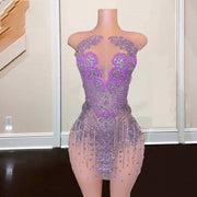 Fitted Birthday Dress For Women Sheer Neck See Through Rhinestone Short Prom Gowns Zipper Back Mini Cocktail Party Dress