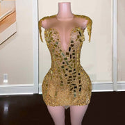 Gold Women Birthday Dresses For Women 2023 Crystal Beading Sequin Short Prom Gowns Zipper Back Vestidos De Cóctel