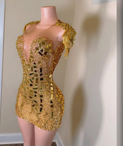 Gold Women Birthday Dresses For Women 2023 Crystal Beading Sequin Short Prom Gowns Zipper Back Vestidos De Cóctel