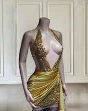 Vestidos De Gala Cortos Gold Rhinestone Prom Dress Halter Beading Birthday Party Gowns Evening Desses Woman