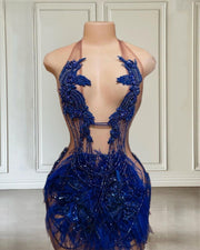 Blue Halter Party Dress with Crystals and Feathers