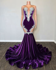 Sexy Purple Prom Dresses 2023 Applique Beading Party Gowns Sheer Neck Velvet