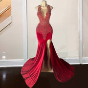 Sexy Red Rhinestone Prom Dresses For 2024 Sheer Neck Luxury Diamond Party Gowns Evening Wear Velvet Robes De Soirée