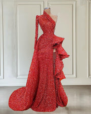 Modest Red Evening Dresses One Shpulder Long Sleeves Sequin Split Prom Dress Formal Occasion Women Party Gowns
