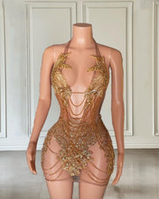 Luxury Sheer Gold Crystal Party Mini Dress