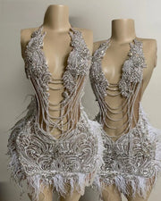 Luxury Crystal Feather White Mini Dress