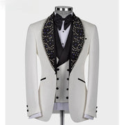Men's White and Black  and Blue Beaded Suit 2023 (Jacket + Pants + Vest )
