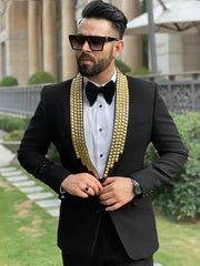 Black Two Pieces Men Suits With Gold Square Drill Man Blazer(Jacket+Pants)