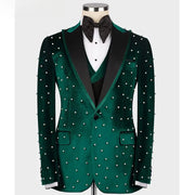Green Velvet Beaded Men's Suit  (Jacket + Pants + Vest )