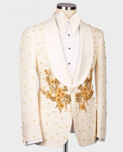 Men's Cream White and Gold Applique Beaded Suit  (Jacket + Pants + Vest )