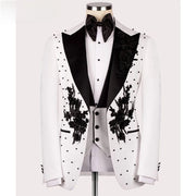 Men's White & black Applique Beaded Suit(Jacket + Pants + Vest )