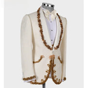 Mens white and gold beaded suit (Jacket + Pants + Vest)