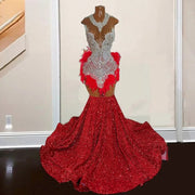 Red Mermaid Prom Dresses For Women 2023 Luxury Rhinestone Feathers Party Gowns Backless Sequin Homecoming Dress Vestidos De Gala