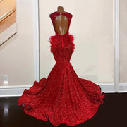 Red Mermaid Prom Dresses For Women 2023 Luxury Rhinestone Feathers Party Gowns Backless Sequin Homecoming Dress Vestidos De Gala