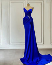 Modest Royal Blue Mermaid Evening Dresses Long Satin Crystal Elegant Prom Gowns Pleats Wedding Guest Dress For Women