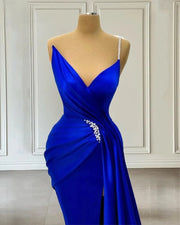 Modest Royal Blue Mermaid Evening Dresses Long Satin Crystal Elegant Prom Gowns Pleats Wedding Guest Dress For Women