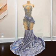 Shinny Diamond Prom Dresses For Women Elegant Sheer Neck Rhinestone Beading Party Gowns Vestidos De Gala