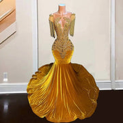 Gold Mermaid Prom Dresses For Women Sheer Neck Rhinestone Party Gowns Velvet Tassel Vestidos De Gala