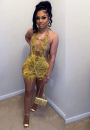 Luxury Yellow Party Dresses For Women Birthday Waer Halter Sparkly Crystals Short Feathers Short Prom Dresses 2023