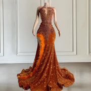 Orange Crystal Feather Mermaid Prom Dress