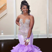 Icy Diamond Feather Purple Mermaid Prom Dress