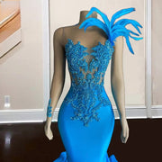 One-Shoulder Sky Blue Feathered Mermaid Prom Dress